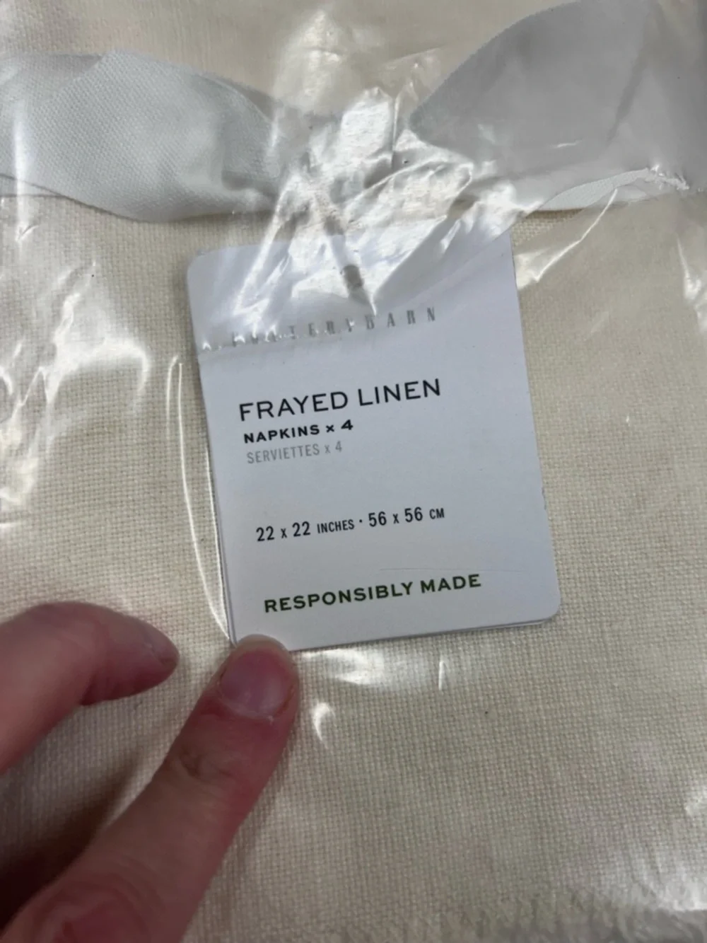 Pottery Barn Frayed Oversized Linen Napkins Ivory - Set of 4 NWT